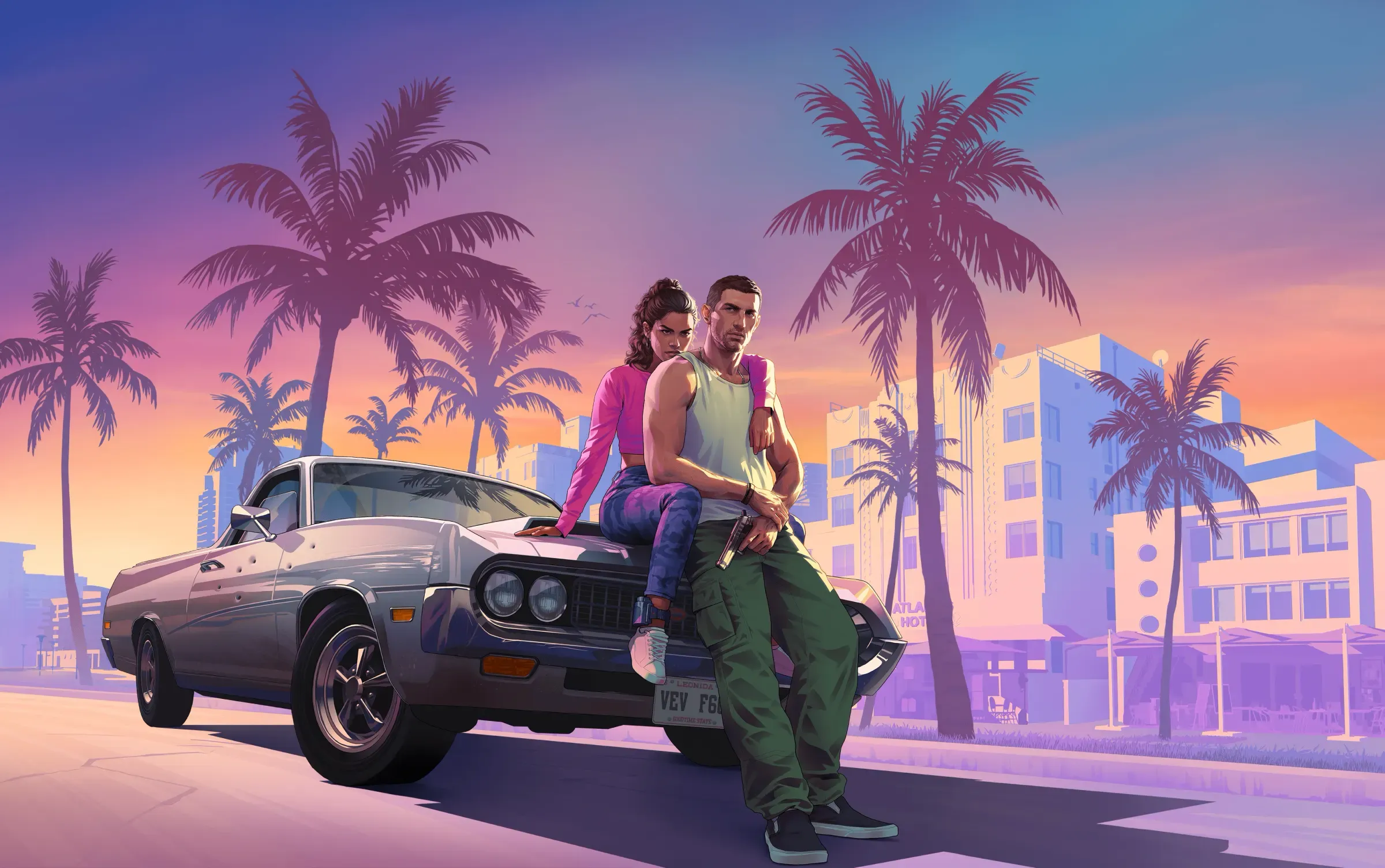 Arte oficial de GTA 6 com Lucia e Jason junto a um carro clássico em Vice City