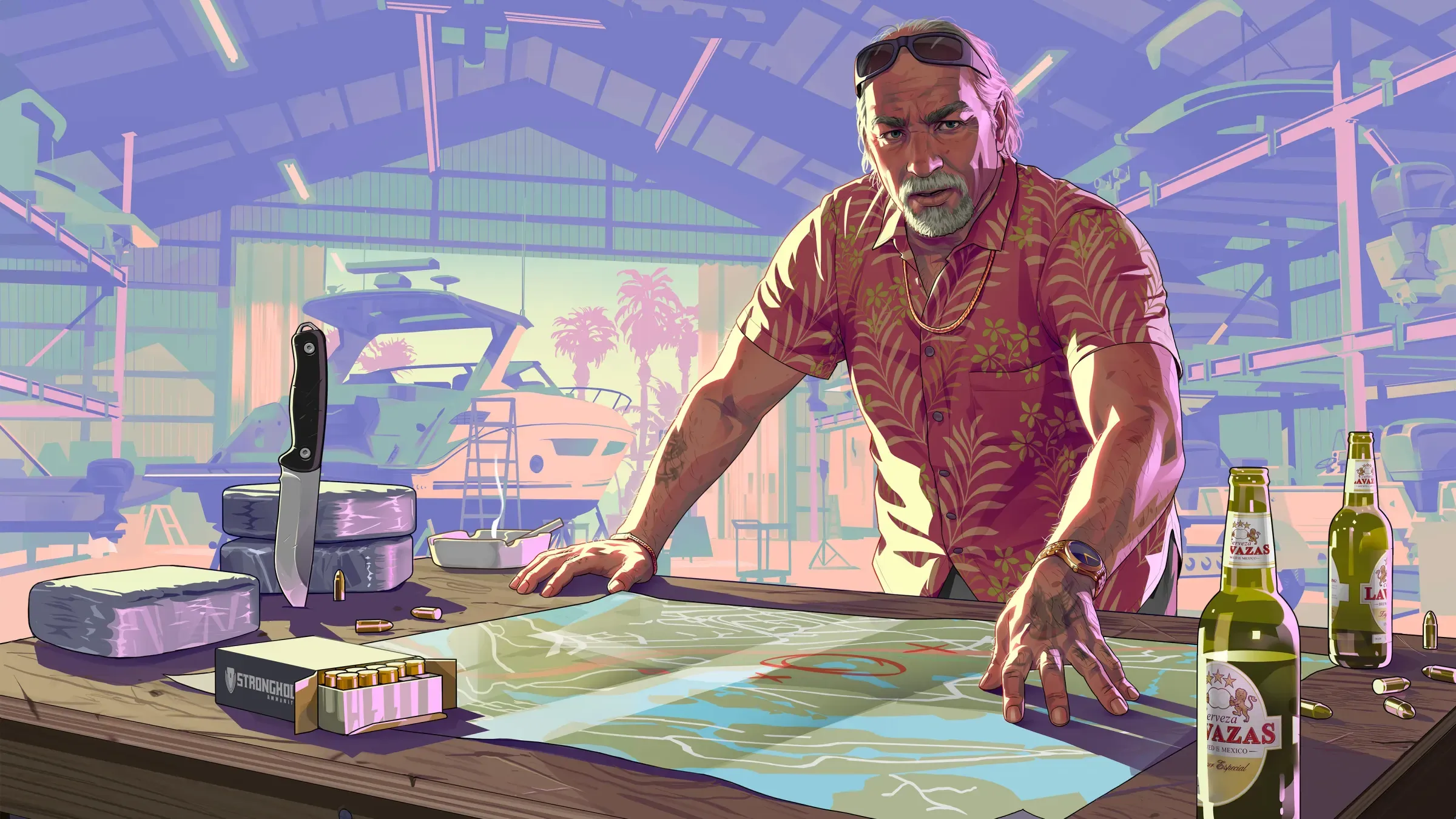 Arte oficial de GTA 6 com Brian Heder diante de um mapa aberto numa marina de Leonida