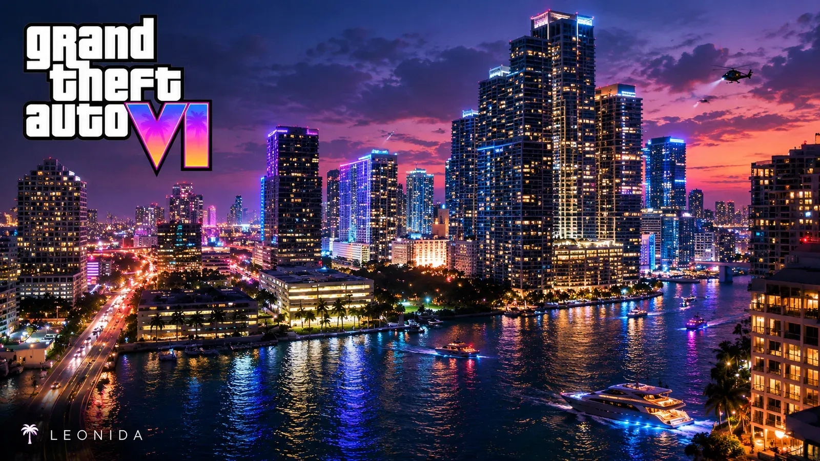 Arranha-céus iluminados de Vice City à noite refletidos no rio, com iates e um helicóptero, ao lado do logo de GTA VI