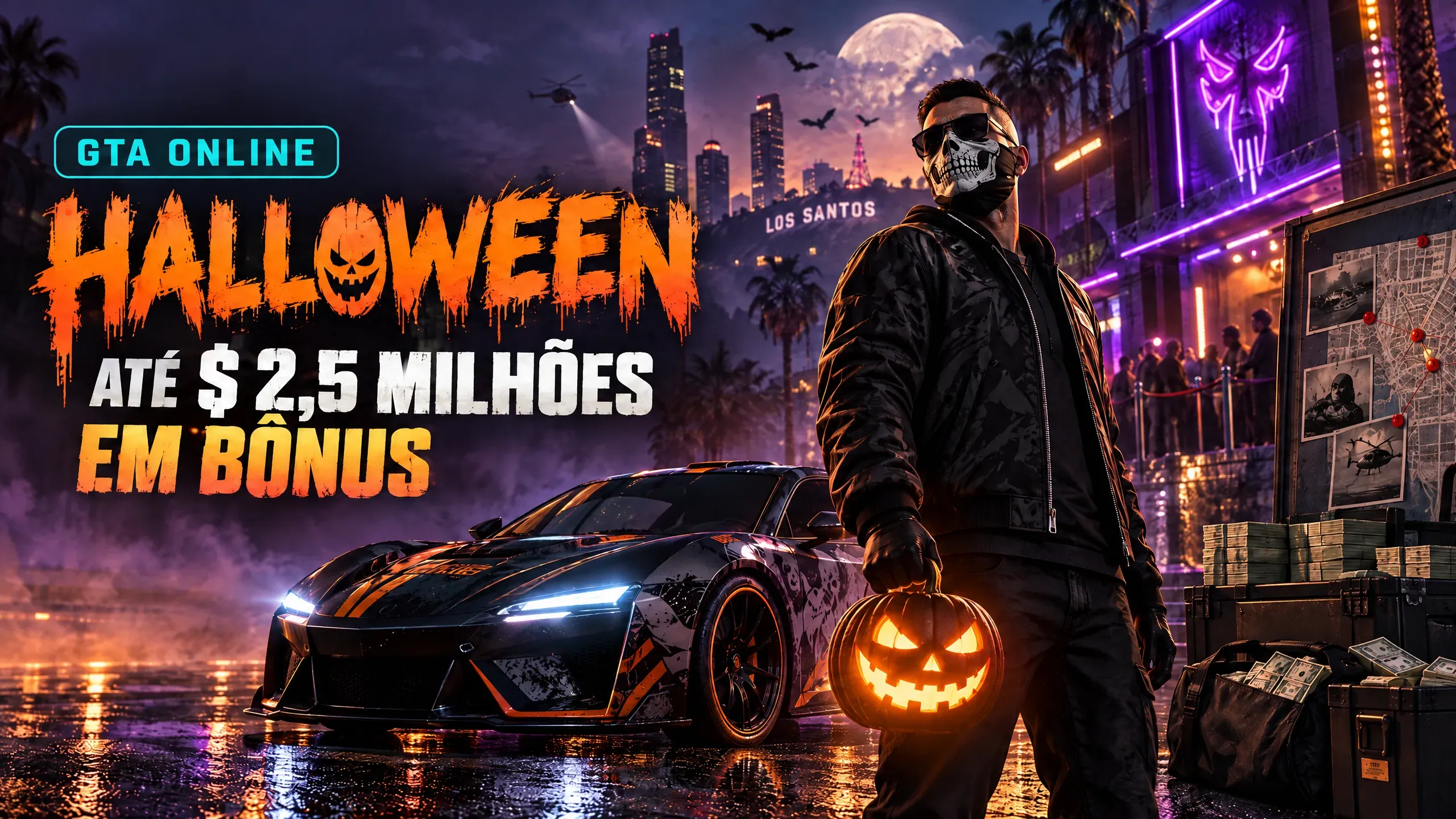 Jogador com máscara de caveira segurando uma abóbora acesa ao lado de um supercarro em Los Santos à noite, com o texto GTA Online: Halloween, até $ 2,5 milhões em bônus