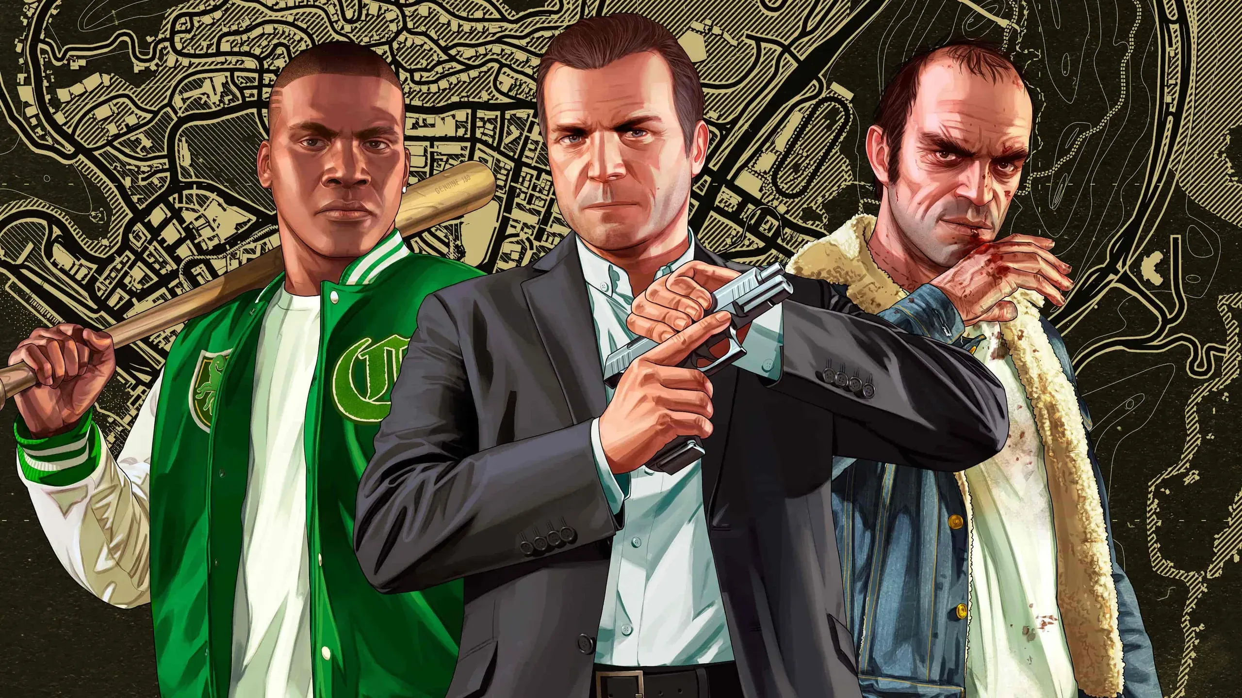 Franklin, Michael e Trevor, protagonistas de GTA 5, diante do mapa de Los Santos