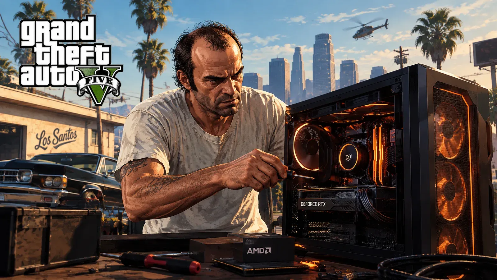 Trevor consertando um PC gamer com uma chave de fenda em uma oficina de Los Santos, ao lado do logo de GTA V