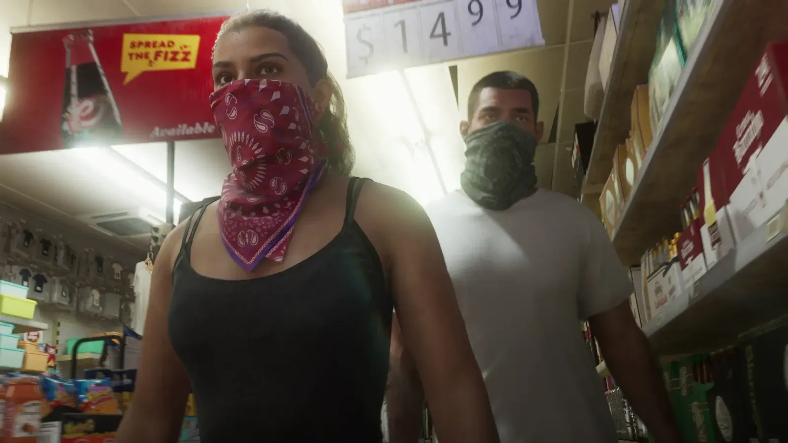 Lucia e Jason com o rosto coberto por bandanas durante um assalto a uma loja de conveniência, em imagem oficial de GTA 6
