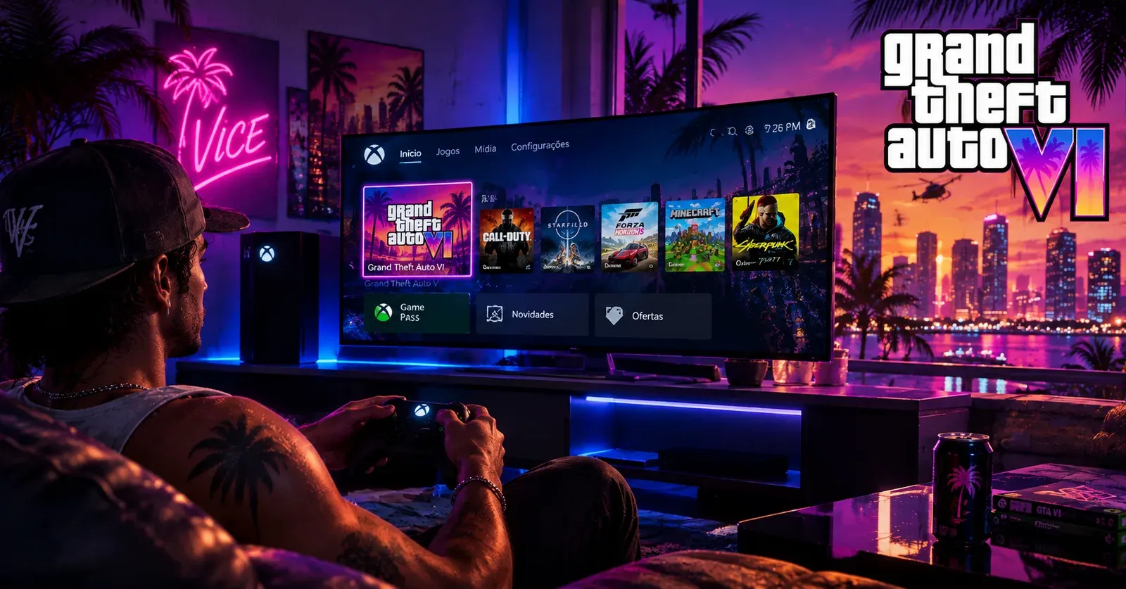 Jogador com controle de Xbox diante da TV com GTA 6 em destaque no menu do console, em uma sala com neon de Vice City e vista para a cidade ao pôr do sol