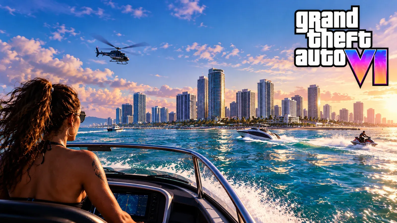 Mulher pilotando uma lancha em direção à orla de Vice City, com jet ski, barcos e um helicóptero, ao lado do logo de GTA VI