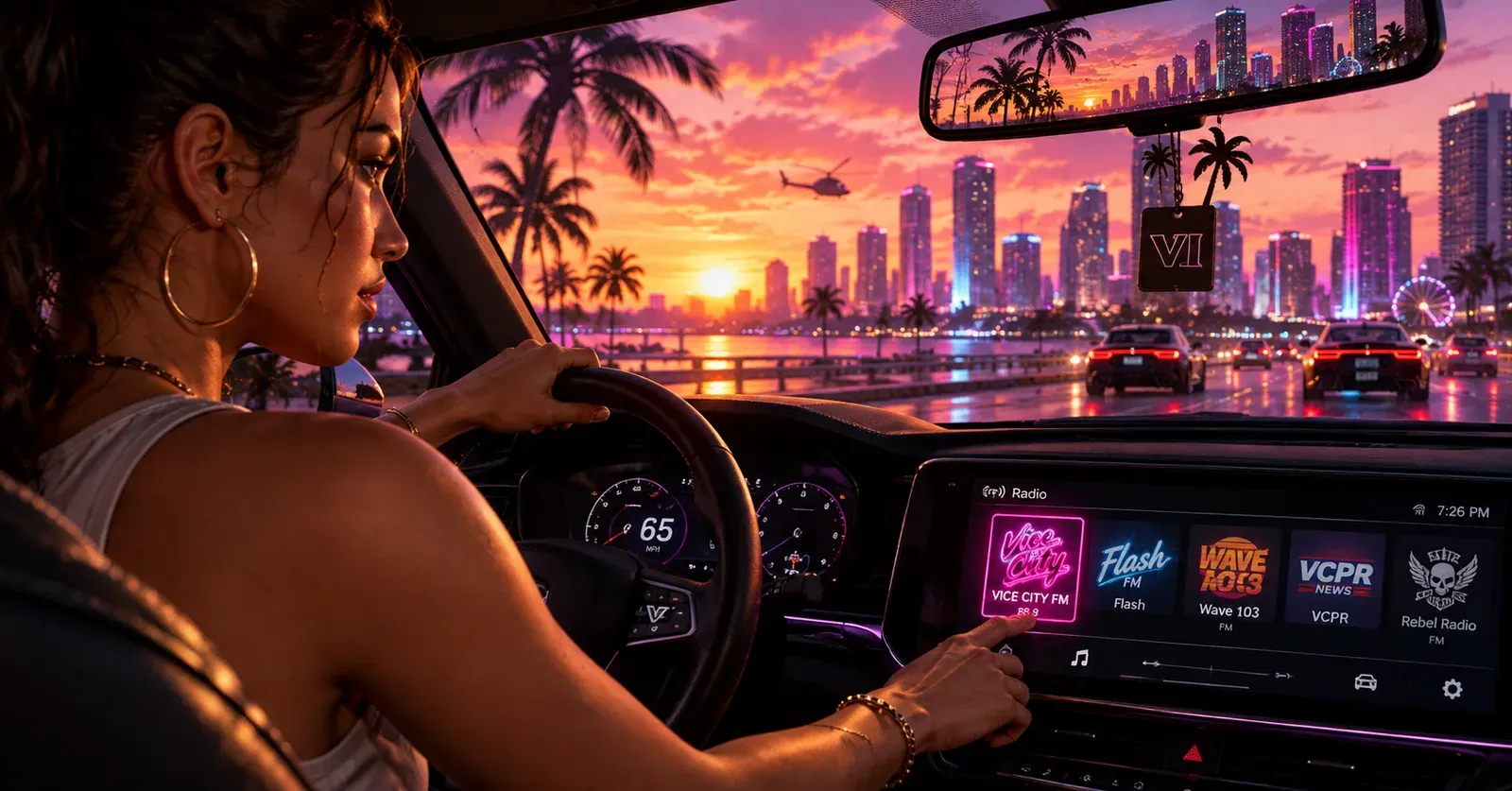 Motorista ao pôr do sol em Vice City escolhendo a Vice City FM na central de rádio do carro, com a Flash FM, Wave 103, VCPR e Rebel Radio na tela