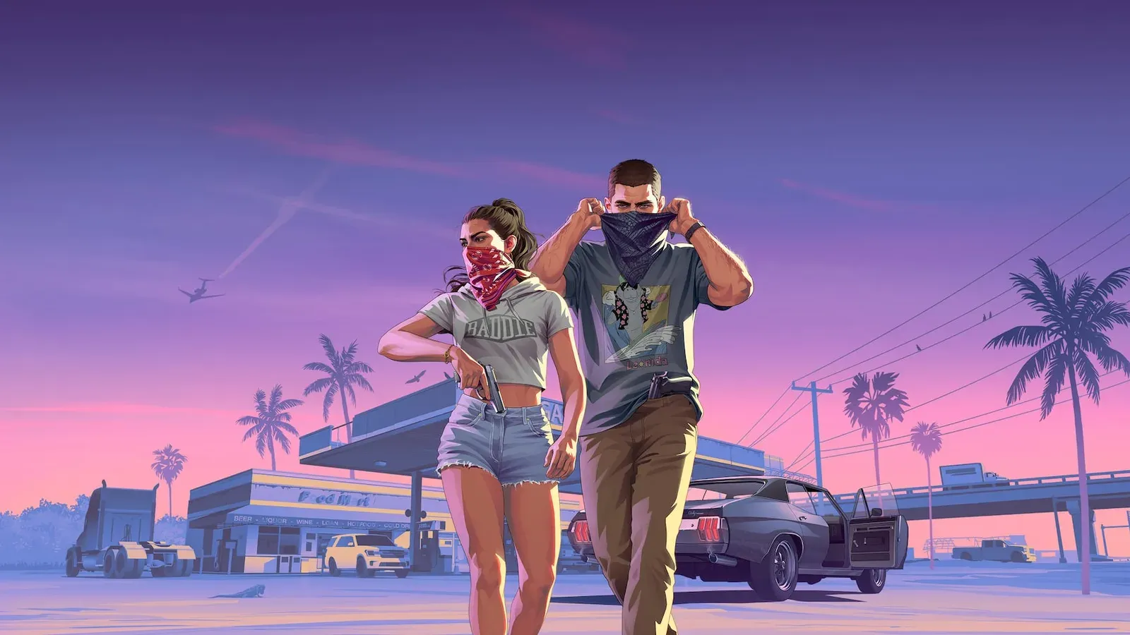 Arte oficial de GTA 6 com Jason e Lucia cobrindo o rosto com bandanas em frente a um posto de gasolina, sob um céu roxo com palmeiras