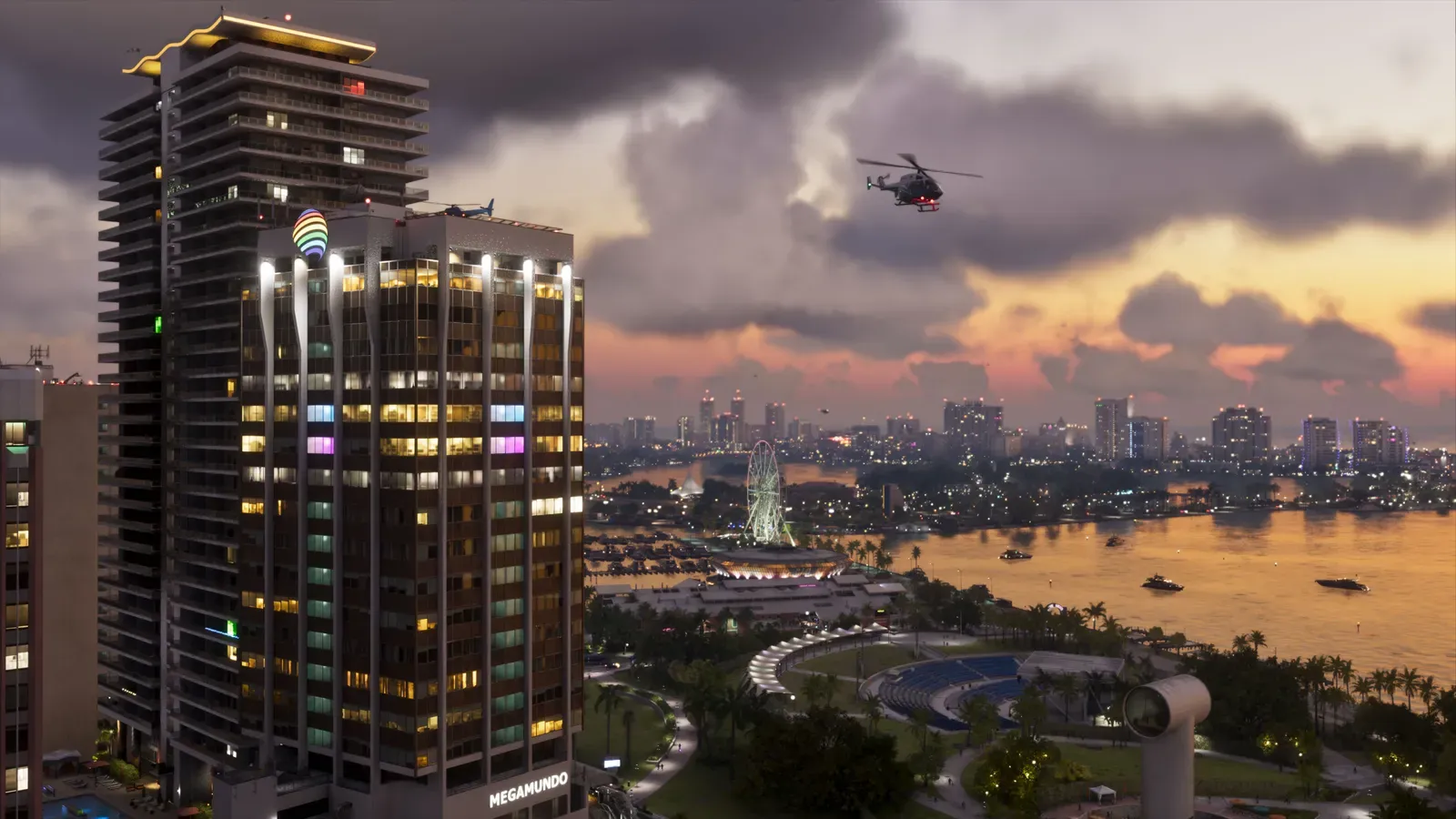 Vista aérea de Vice City com arranha-céus, um helicóptero e a orla ao entardecer, em imagem oficial de GTA 6
