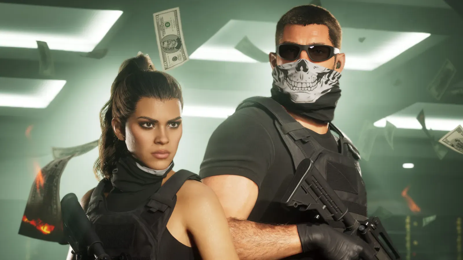 Lucia e Jason com coletes táticos e armas em um cofre de banco com notas voando, em imagem oficial de GTA 6