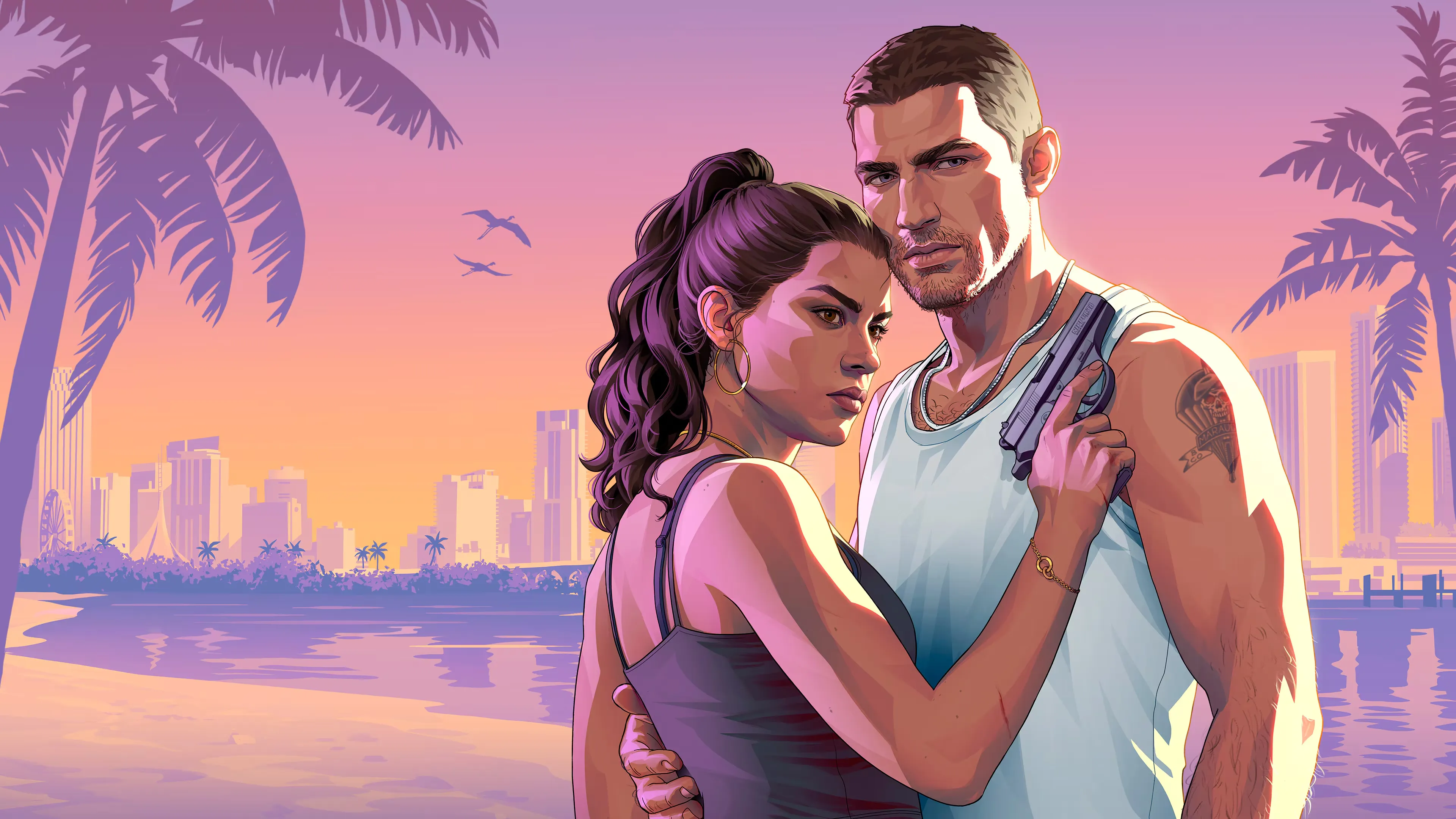 Lucia e Jason, protagonistas de GTA 6, abraçados na orla de Vice City ao pôr do sol