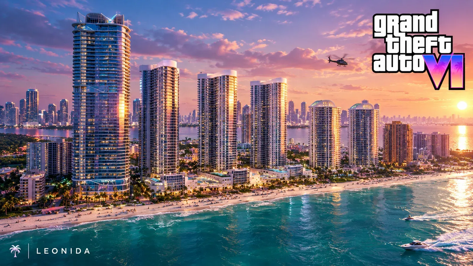 Vista aérea de arranha-céus à beira-mar em Vice City ao pôr do sol, com praia, lanchas e um helicóptero, ao lado do logo de GTA VI