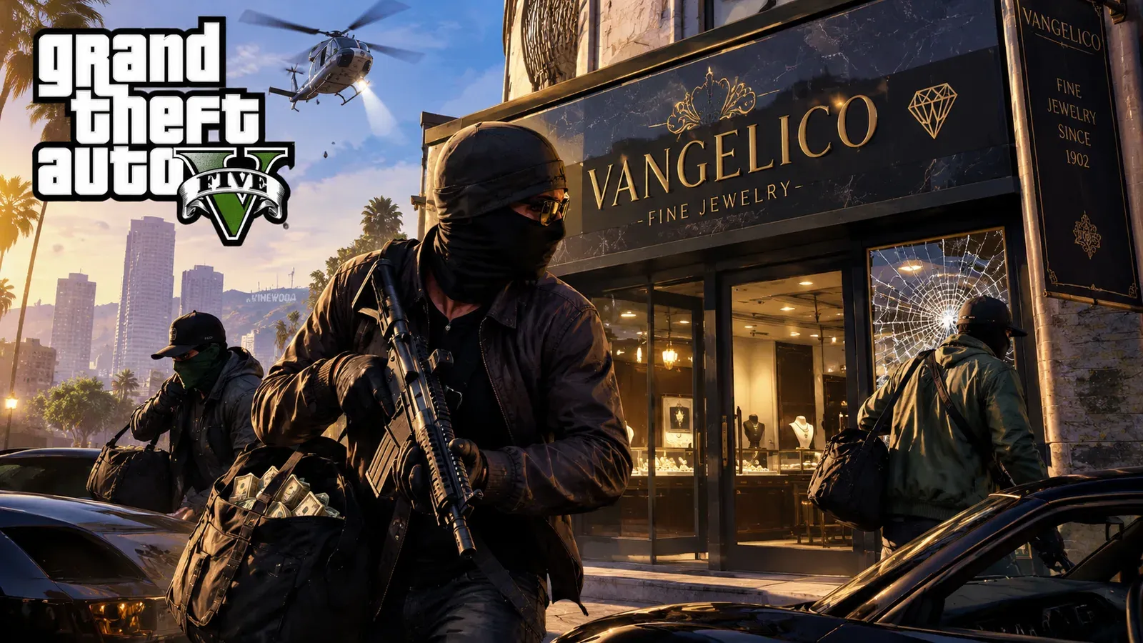 Assaltantes mascarados saindo da joalheria Vangelico com sacolas de dinheiro e vitrine estilhaçada, sob um helicóptero, ao lado do logo de GTA V