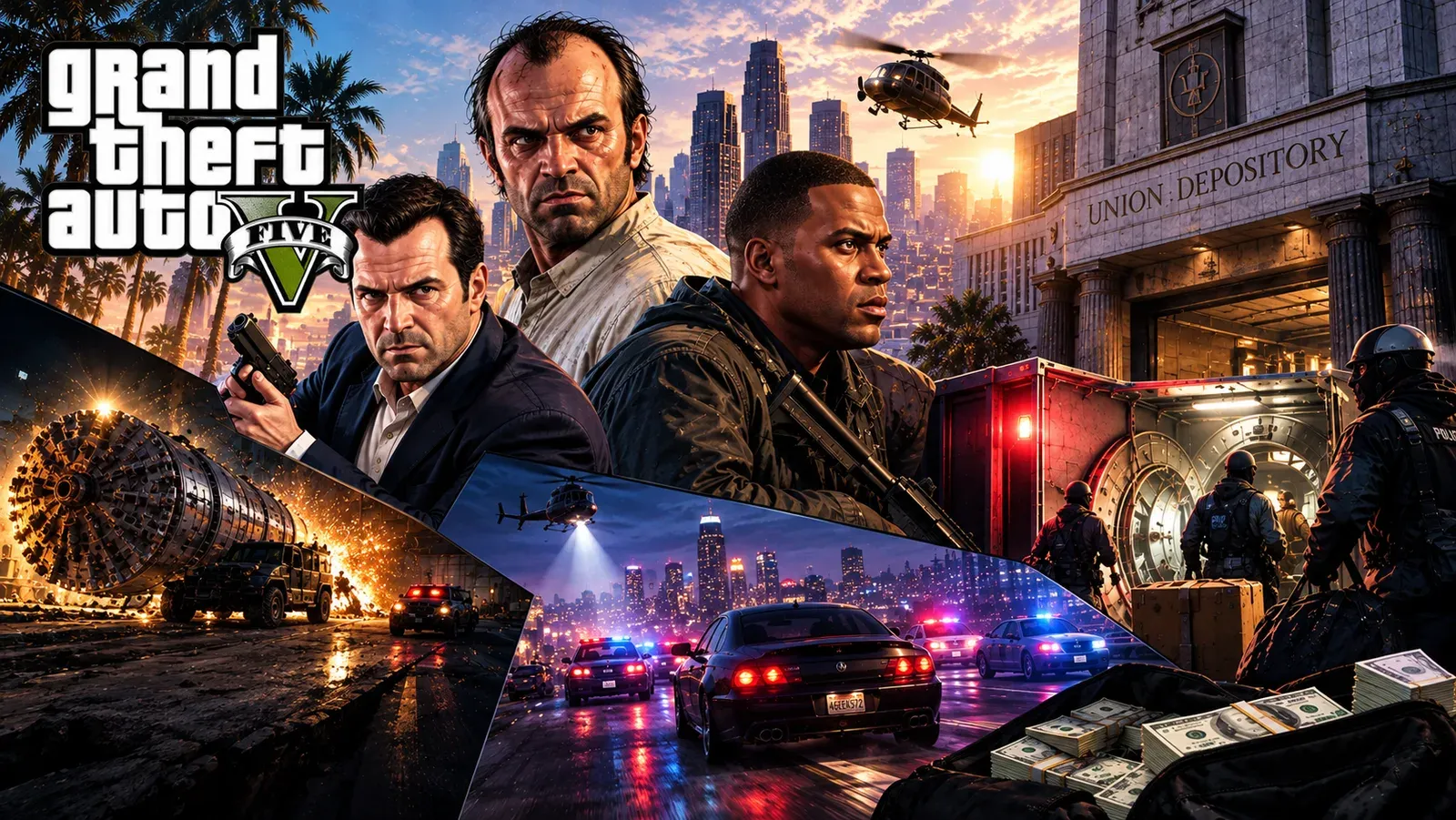 Ilustração do LeonidaNews sobre a missão O Grande Golpe, de GTA 5
