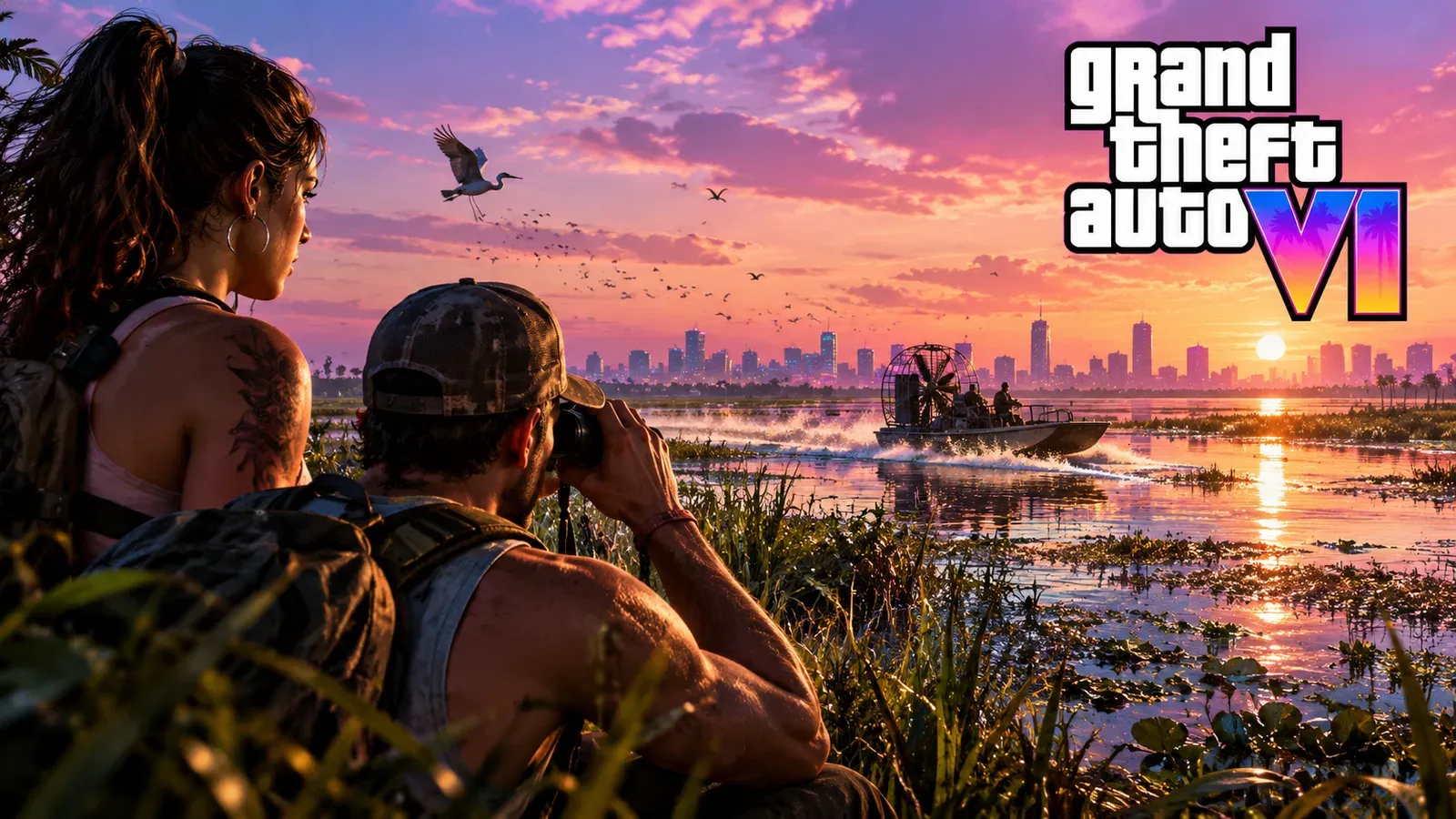 Casal escondido no mato de um pântano de Leonida observando com binóculos um aerobarco ao pôr do sol, com o horizonte de Vice City e o logo de GTA VI