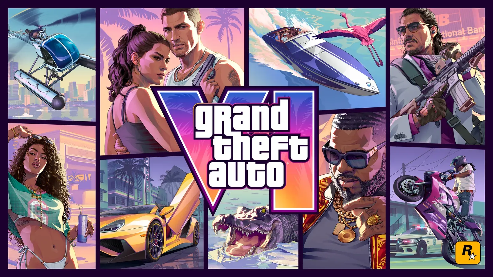 Capa oficial de GTA 6 com o logo do jogo cercado por Jason, Lucia, carros, lancha e outros personagens