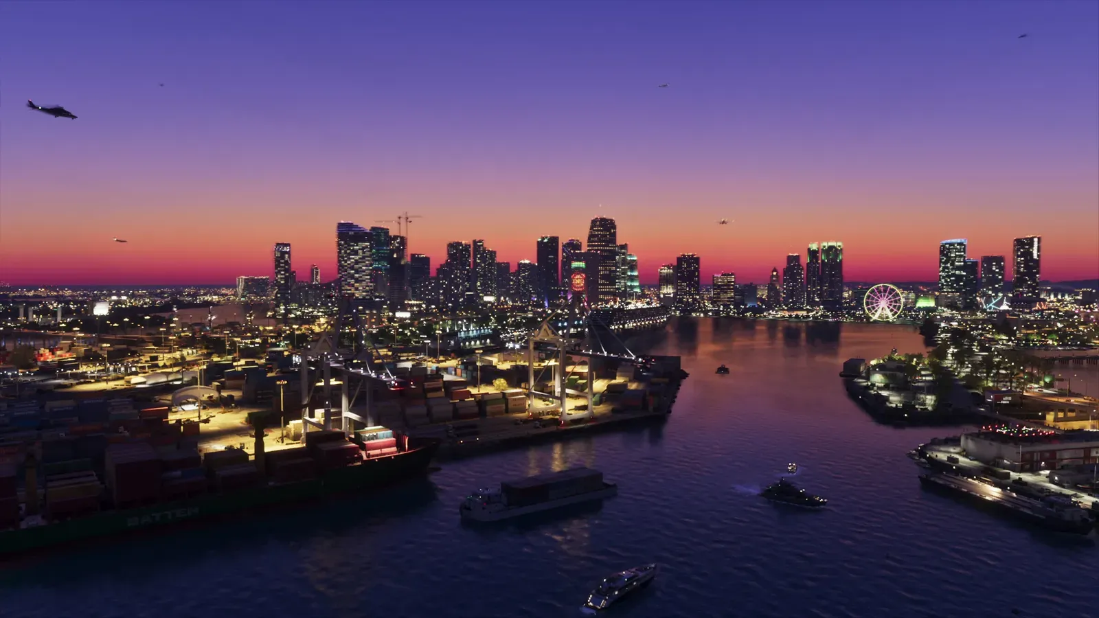 Skyline de Vice City ao anoitecer, com prédios iluminados e barcos na baía, em imagem oficial de GTA 6
