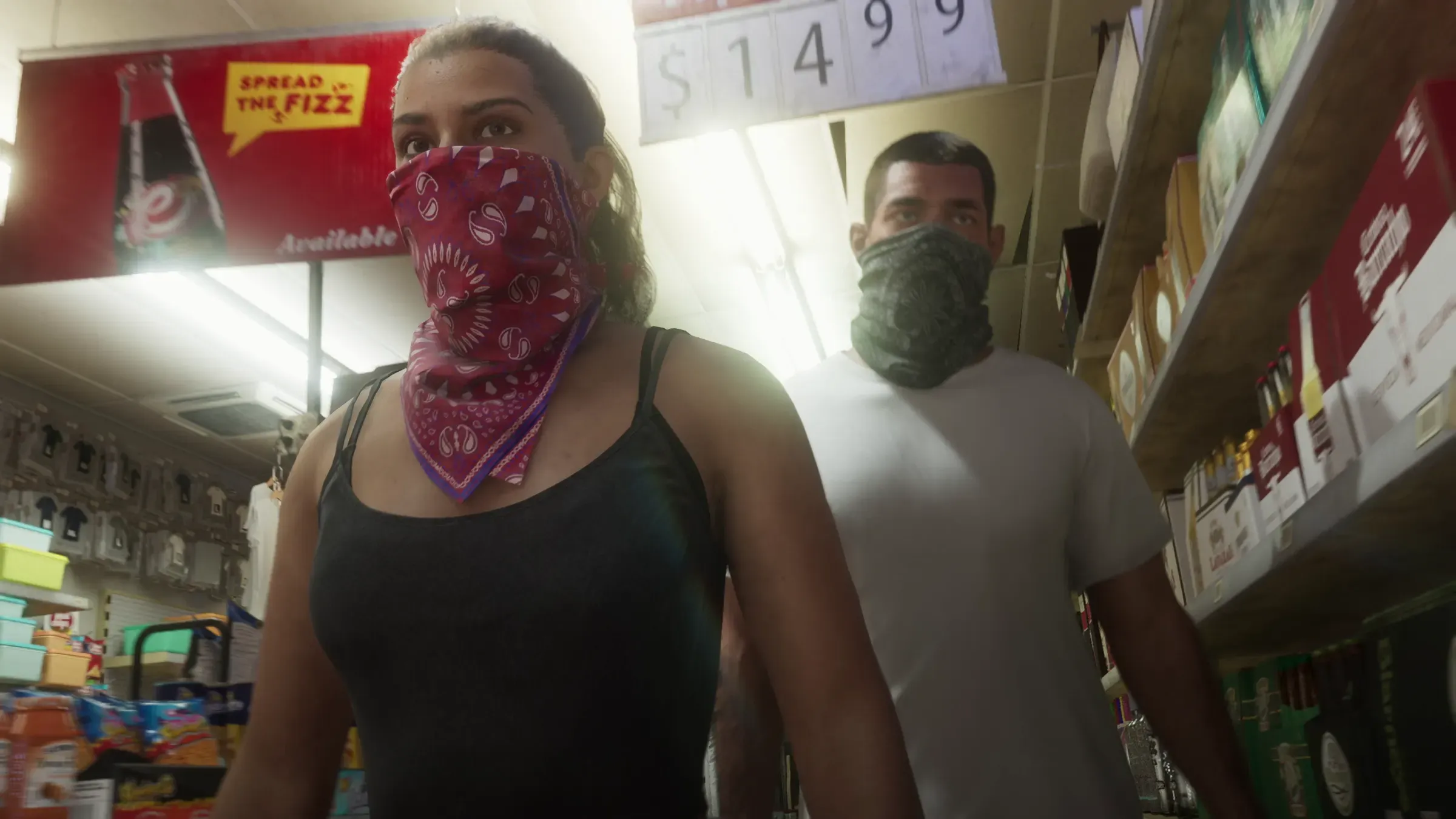Cena oficial de GTA 6 com Lucia mascarada em um assalto